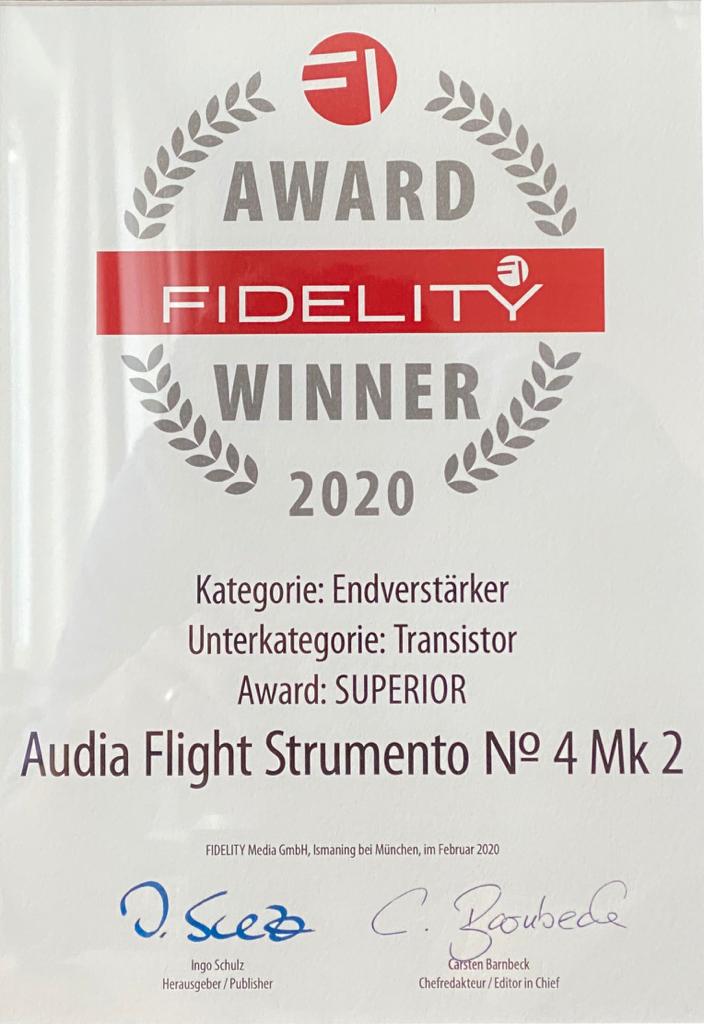Honored to receive the Fidelity 2020 award in superior category for our Audia Flight Strumento n. 4 mk2 from Germany - News - Audia